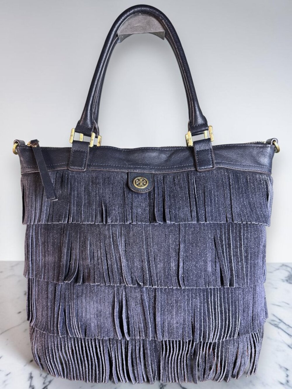 Tory Burch Suede & Leather Large Rare Color Navy Blue Fringe Tote Shoulder Bag